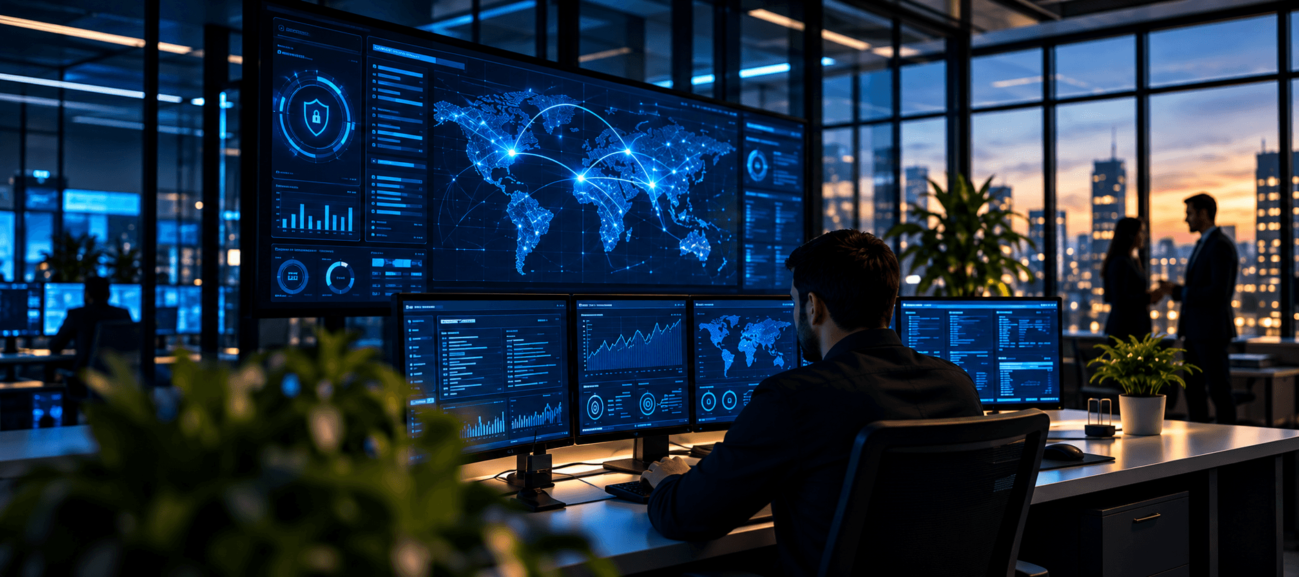 Modern cybersecurity operations center with security monitoring displays